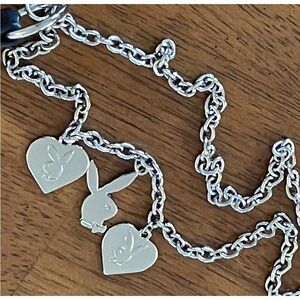 RARE PLAYBOY Belt Dangling Drop Down Charms Silver Chains & Black Leather Belt